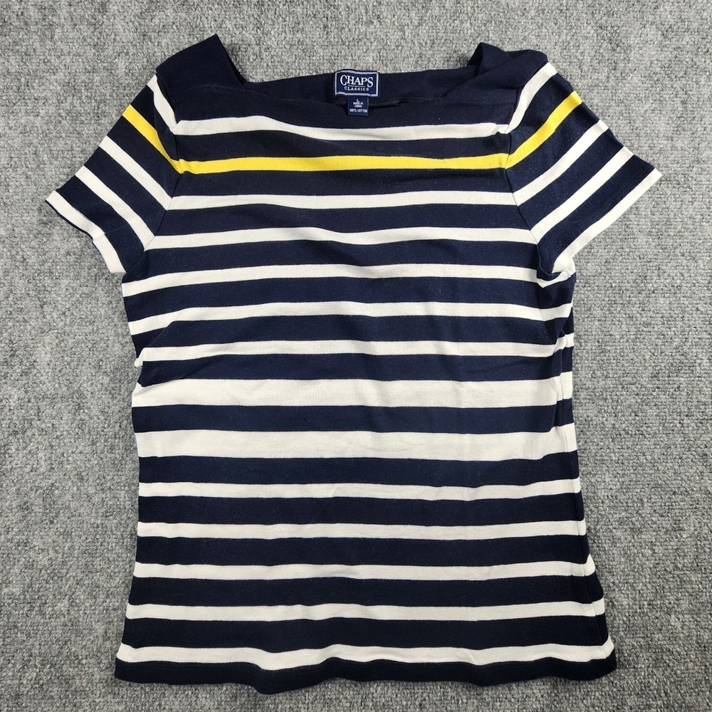 Chaps Classics Womens Large Navy White Striped Boat Neck Cotton Short Sleeve Tee